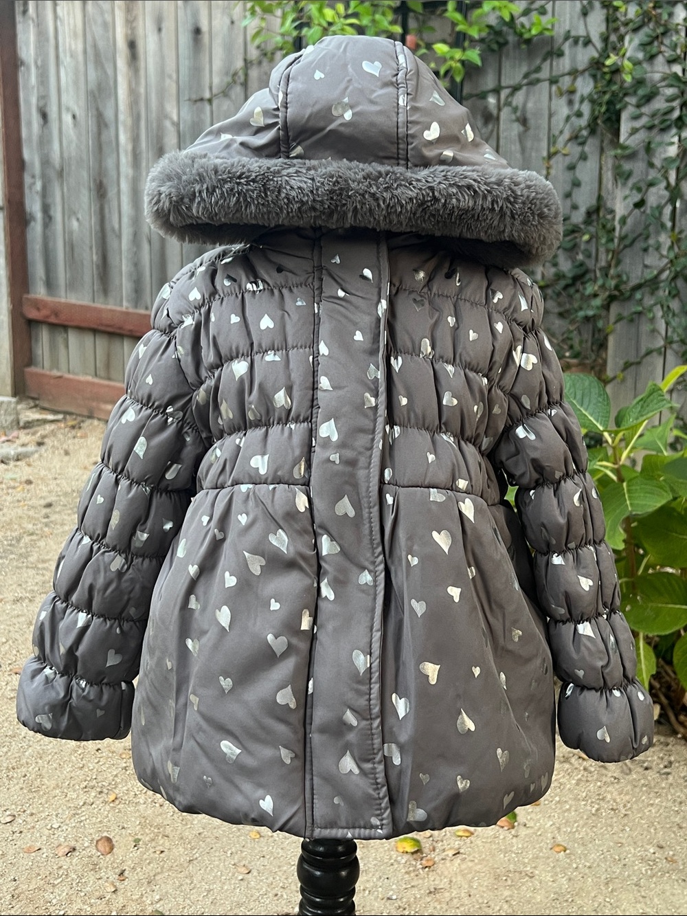 Kensie Girl Grey Silver Heart-Print Puffer Coat with Faux Fur Hood